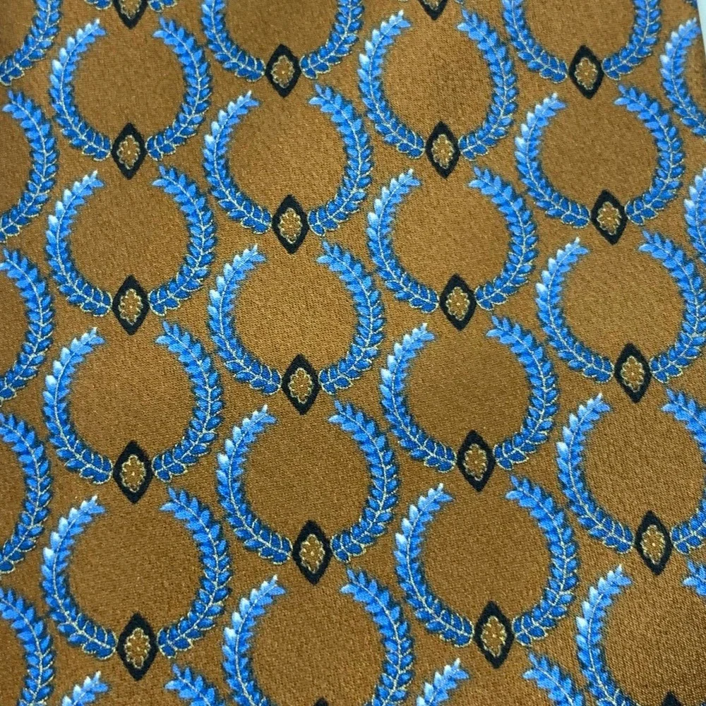 Brioni Men's Handmade Silk Tie Brown Blue Circle Leaf Design Designer‎ Necktie